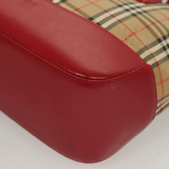 BURBERRY Nova Check Hand Bag Canvas Leather Red Gold Auth bs26691