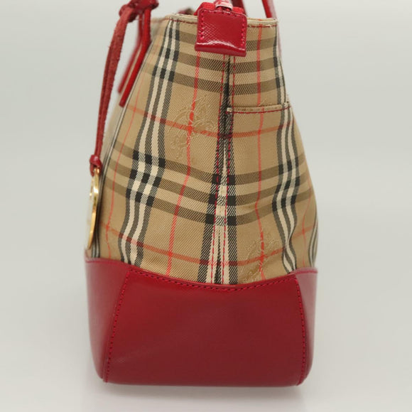 BURBERRY Nova Check Hand Bag Canvas Leather Red Gold Auth bs26691