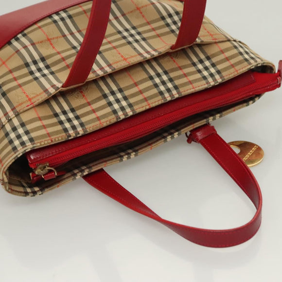 BURBERRY Nova Check Hand Bag Canvas Leather Red Gold Auth bs26691