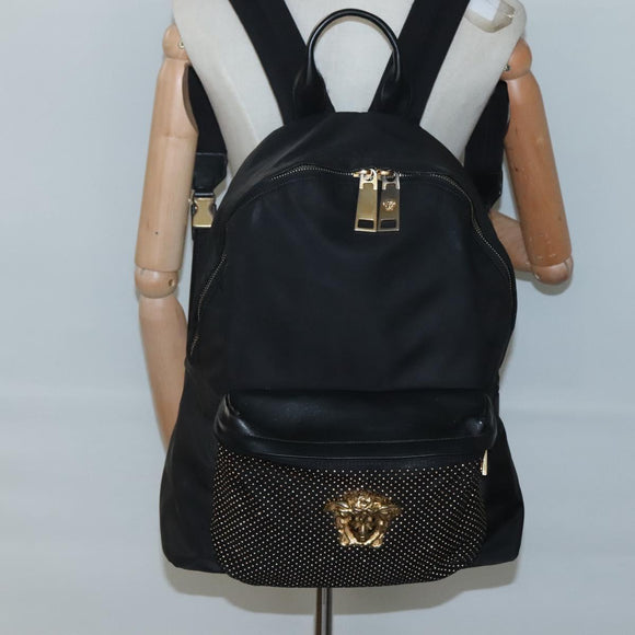 VERSACE Medusa Shoulder Bag Nylon Leather Black Gold Auth bs26702