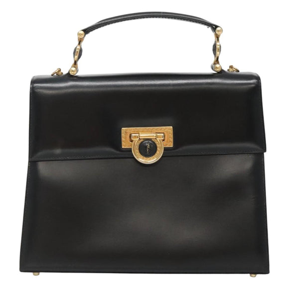 Gianni Versace Hand Bag Leather Black Gold Auth bs26704