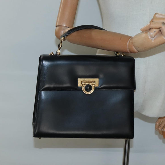 Gianni Versace Hand Bag Leather Black Gold Auth bs26704