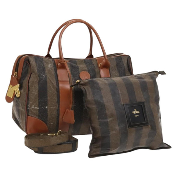 FENDI Pecan Canvas Hand Bag Leather 2Set Black Brown gold Auth bs26745