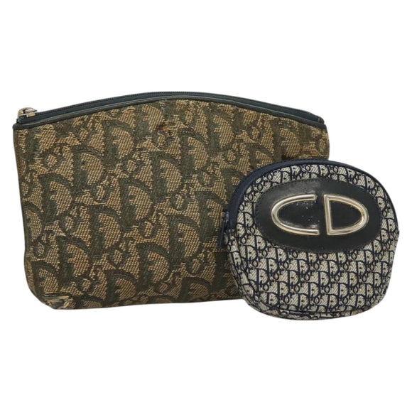 Christian Dior Trotter Canvas Pouch 2Set Blue Beige Silver Auth bs26748