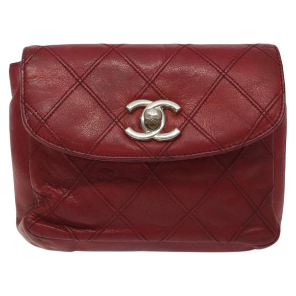 CHANEL Bicolore Waist Bag Lamb Skin Red Gold CC Auth bs26757