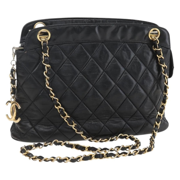 CHANEL Matelasse Chain Shoulder Bag Lamb Skin Black Gold CC Auth bs26776
