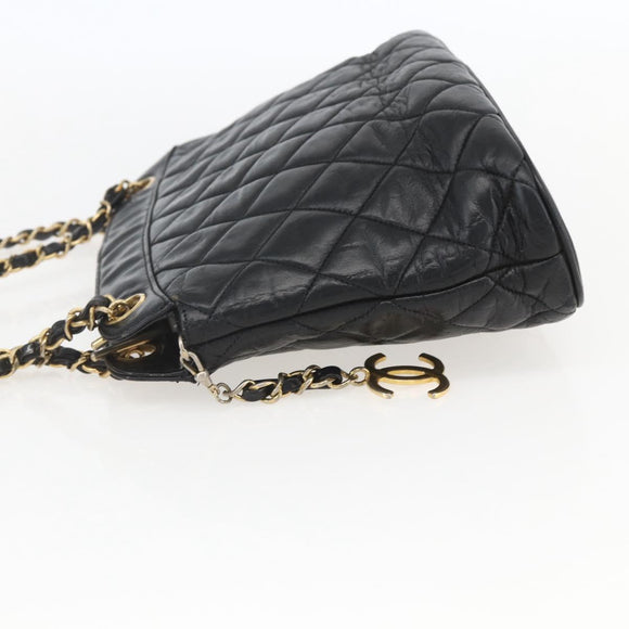CHANEL Matelasse Chain Shoulder Bag Lamb Skin Black Gold CC Auth bs26776