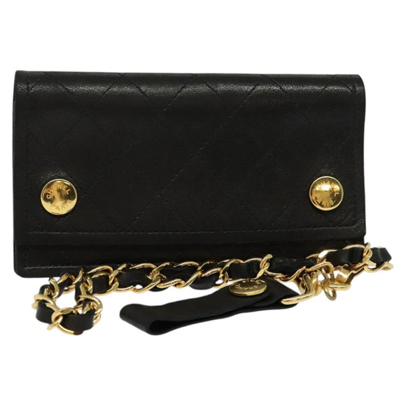 CHANEL Chain Wallet Lamb Skin Black Gold CC Auth bs26777