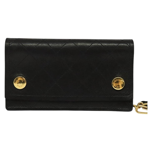 CHANEL Chain Wallet Lamb Skin Black Gold CC Auth bs26777