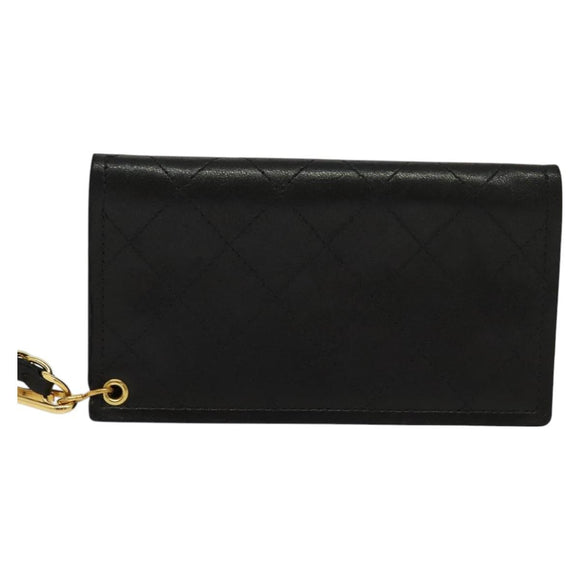 CHANEL Chain Wallet Lamb Skin Black Gold CC Auth bs26777