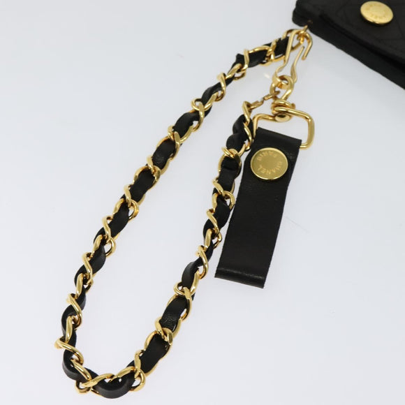 CHANEL Chain Wallet Lamb Skin Black Gold CC Auth bs26777