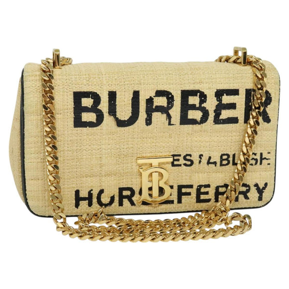 BURBERRY Horse Ferry Chain Shoulder Bag Raffia Beige Gold Auth bs26785