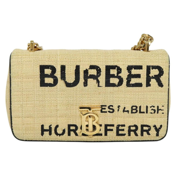 BURBERRY Horse Ferry Chain Shoulder Bag Raffia Beige Gold Auth bs26785