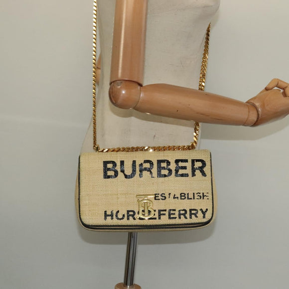 BURBERRY Horse Ferry Chain Shoulder Bag Raffia Beige Gold Auth bs26785