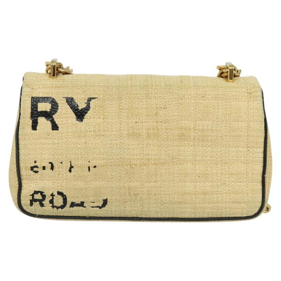 BURBERRY Horse Ferry Chain Shoulder Bag Raffia Beige Gold Auth bs26785