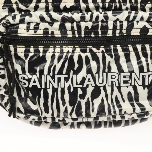 SAINT LAURENT Waist Bag Nylon Black White Auth bs26844