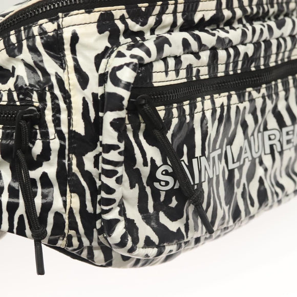 SAINT LAURENT Waist Bag Nylon Black White Auth bs26844