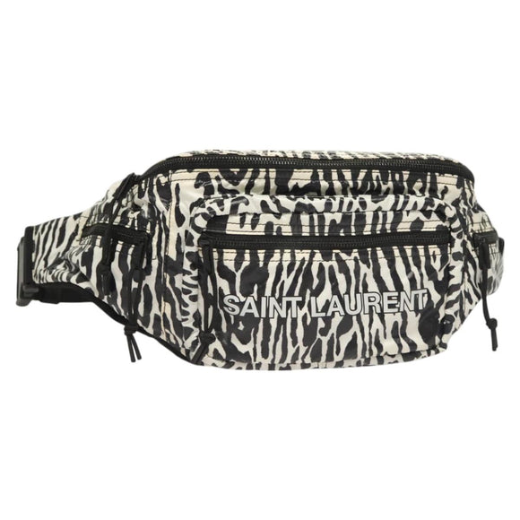 SAINT LAURENT Waist Bag Nylon Black White Auth bs26844