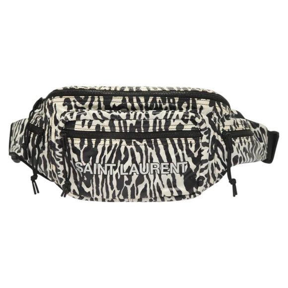 SAINT LAURENT Waist Bag Nylon Black White Auth bs26844