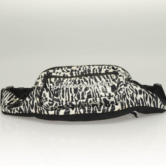 SAINT LAURENT Waist Bag Nylon Black White Auth bs26844