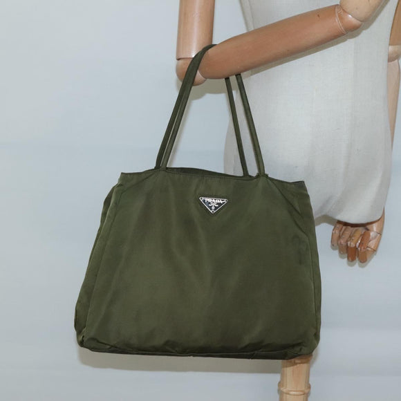 PRADA Hand Bag Nylon Khaki Silver Auth bs26850