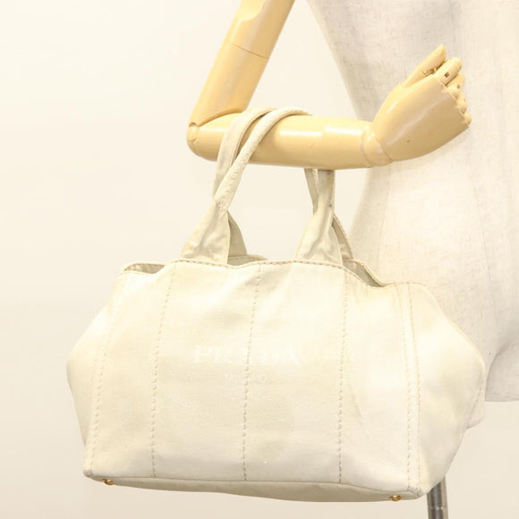 PRADA Canapa MM Hand Bag Canvas Beige Gold Auth bs26853