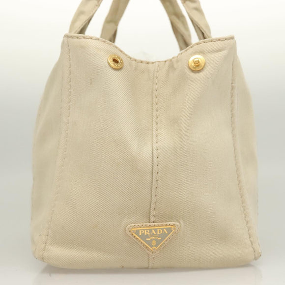 PRADA Canapa MM Hand Bag Canvas Beige Gold Auth bs26853