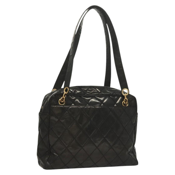 CHANEL Matelasse Shoulder Bag Enamel Black Gold CC Auth bs26857