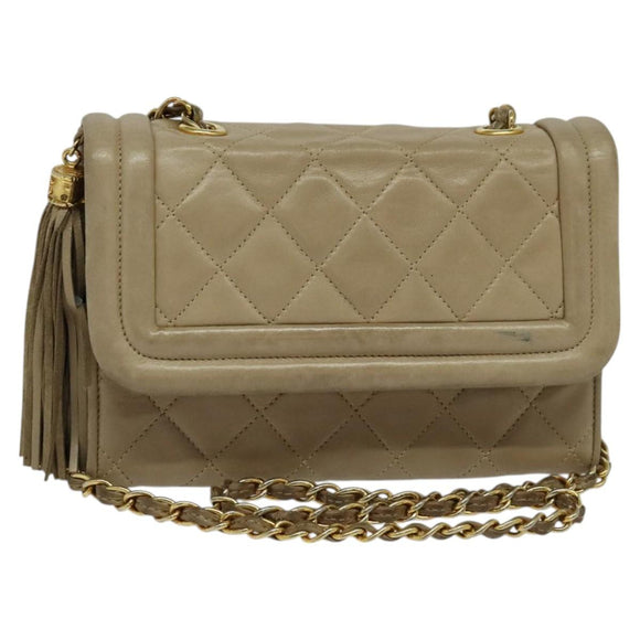 CHANEL Matelasse Chain Shoulder Bag Lamb Skin Beige Gold CC Auth bs26861