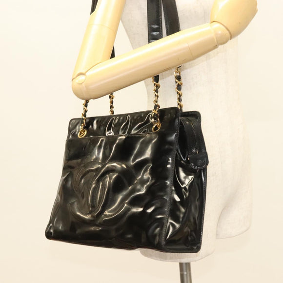 CHANEL Shoulder Bag Enamel Black Gold CC Auth bs26864
