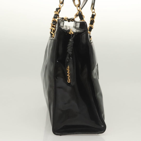CHANEL Shoulder Bag Enamel Black Gold CC Auth bs26864