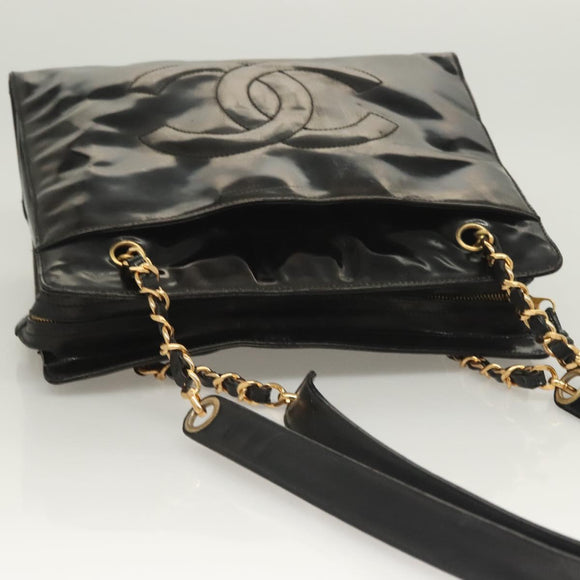 CHANEL Shoulder Bag Enamel Black Gold CC Auth bs26864