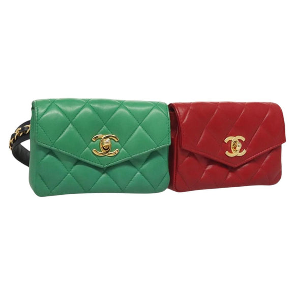 CHANEL Matelasse Waist bag Lamb Skin Red Gold Green CC Auth bs26866