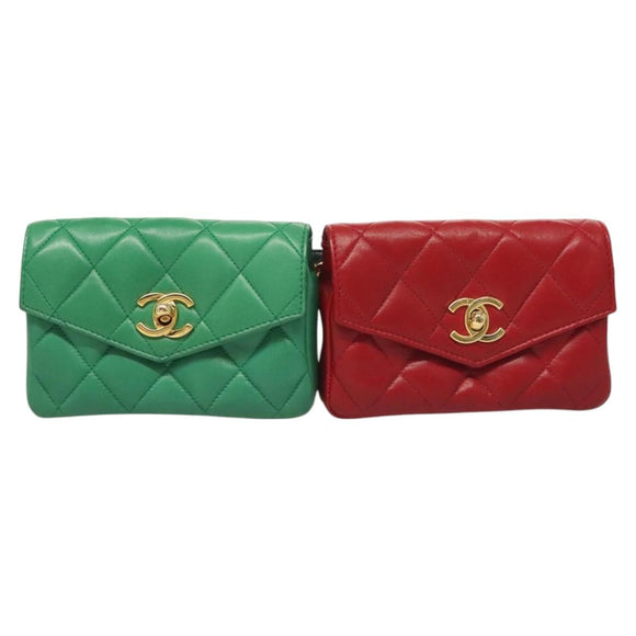CHANEL Matelasse Waist bag Lamb Skin Red Gold Green CC Auth bs26866