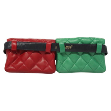 CHANEL Matelasse Waist bag Lamb Skin Red Gold Green CC Auth bs26866 - 0