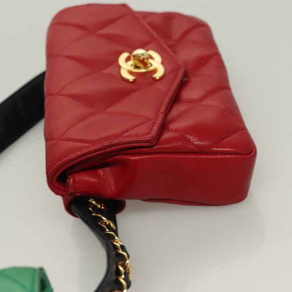 CHANEL Matelasse Waist bag Lamb Skin Red Gold Green CC Auth bs26866