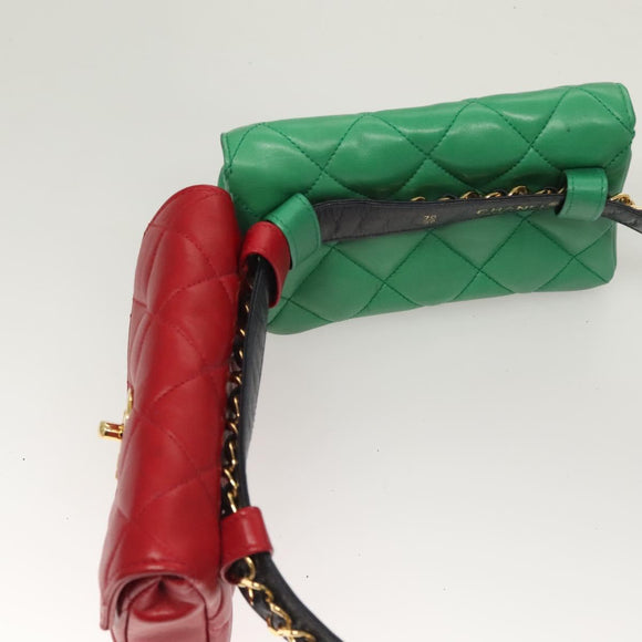CHANEL Matelasse Waist bag Lamb Skin Red Gold Green CC Auth bs26866