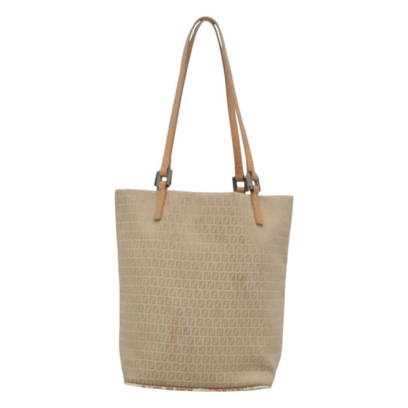 FENDI Zucchino Canvas Hand Bag Nylon Beige Silver Auth bs26890