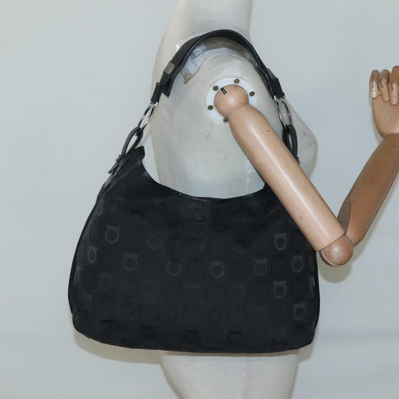 Salvatore Ferragamo Gancini Bag Canvas Leather Black Silver Auth bs26905