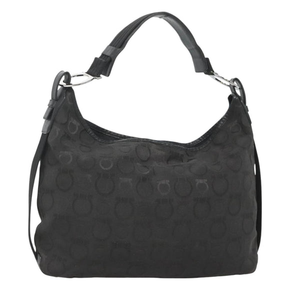 Salvatore Ferragamo Gancini Bag Canvas Leather Black Silver Auth bs26905