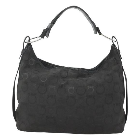 Salvatore Ferragamo Gancini Bag Canvas Leather Black Silver Auth bs26905