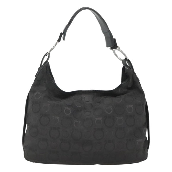 Salvatore Ferragamo Gancini Bag Canvas Leather Black Silver Auth bs26905