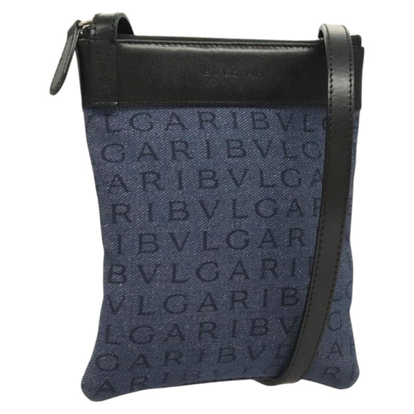 BVLGARI Logo Mania Shoulder Bag Canvas Blue Silver Auth bs26910
