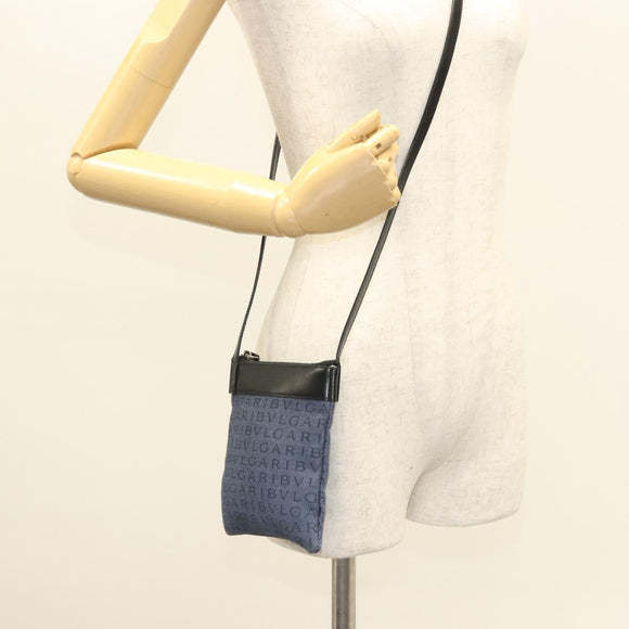 BVLGARI Logo Mania Shoulder Bag Canvas Blue Silver Auth bs26910