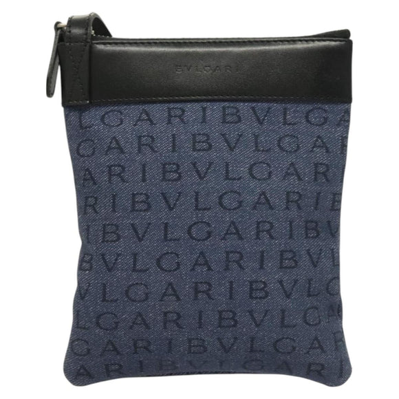 BVLGARI Logo Mania Shoulder Bag Canvas Blue Silver Auth bs26910