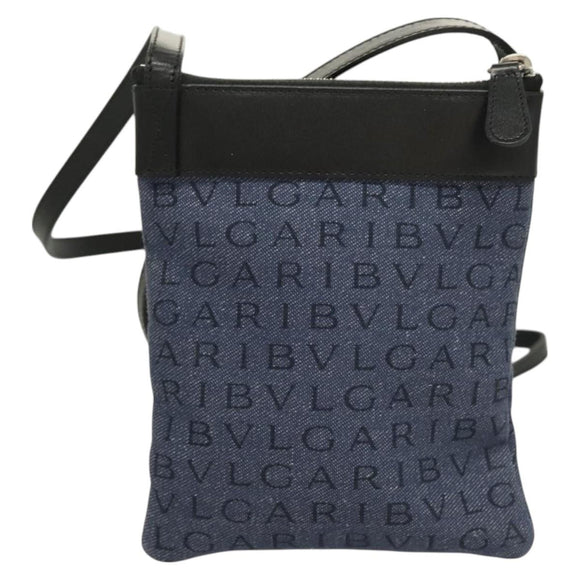 BVLGARI Logo Mania Shoulder Bag Canvas Blue Silver Auth bs26910