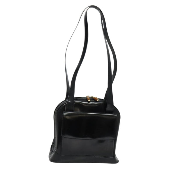 GUCCI Bamboo Shoulder Bag Enamel Black Gold Auth bs26920