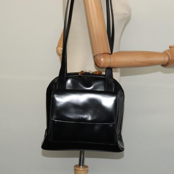 GUCCI Bamboo Shoulder Bag Enamel Black Gold Auth bs26920