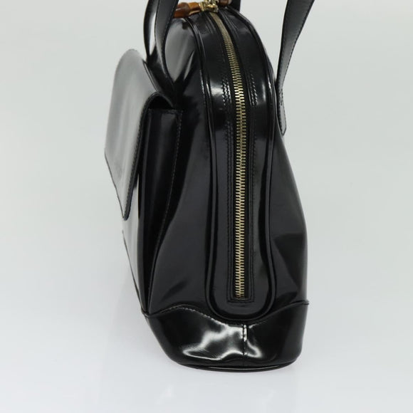 GUCCI Bamboo Shoulder Bag Enamel Black Gold Auth bs26920