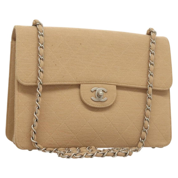 CHANEL Matelasse Chain Shoulder Bag Cotton Beige Silver CC Auth bs26927